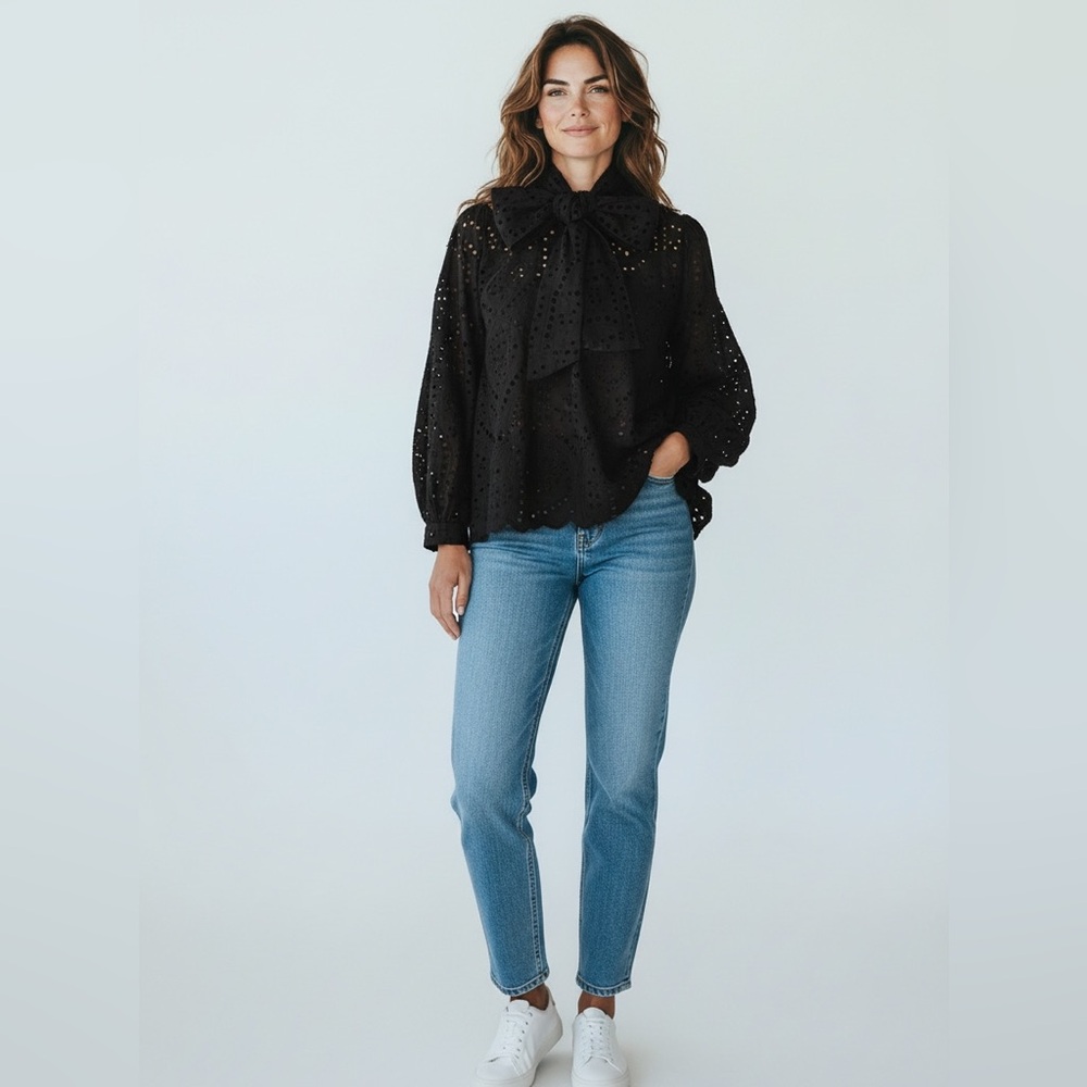 Women’s Black Eyelet Bow Neck Blouse Jacket
